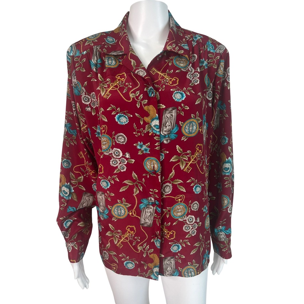 Koret Vintage Women's Blouse Top Size 12 Burgundy Key Floral Retro Grannycore